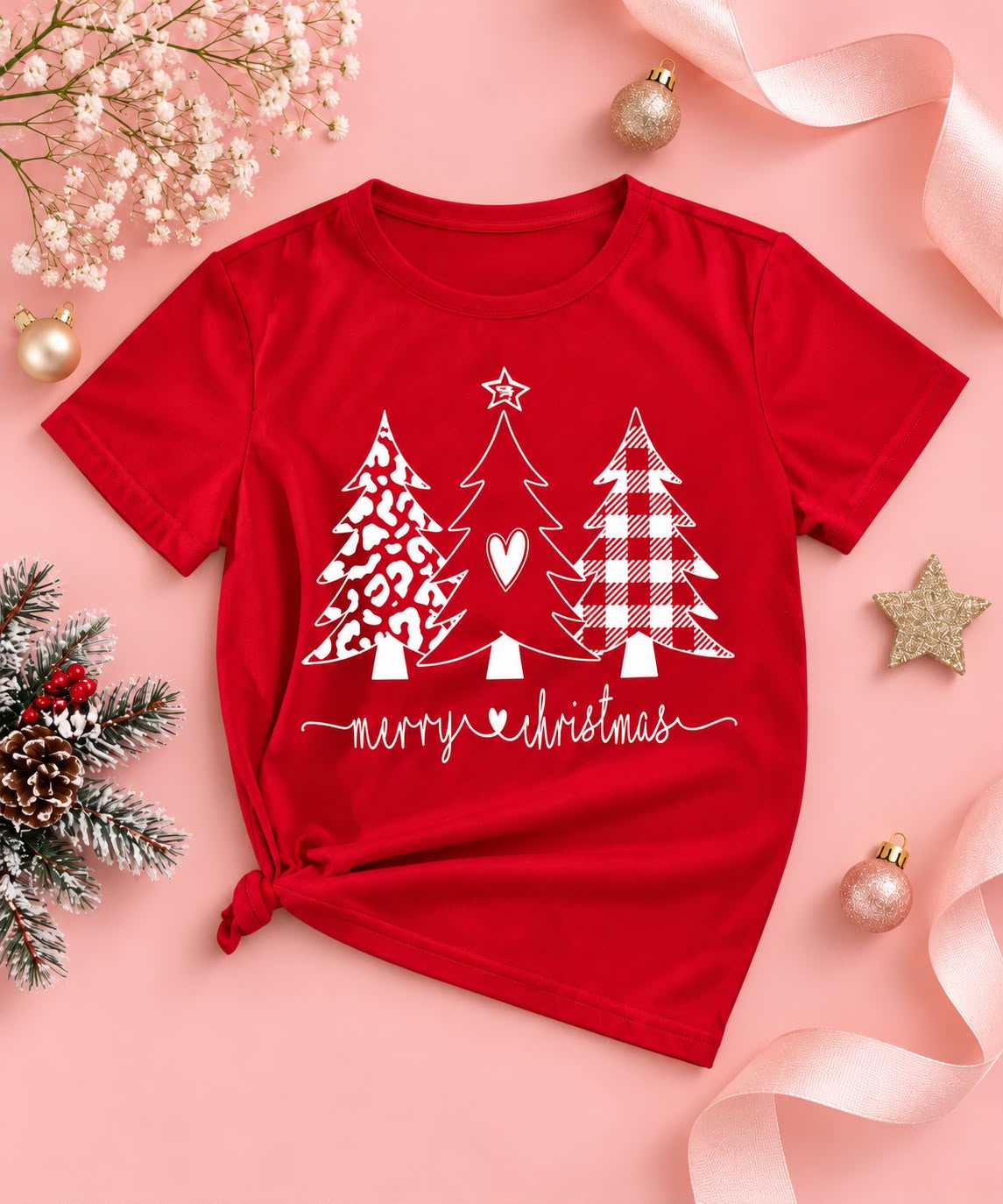 Camiseta roja con árboles navideños